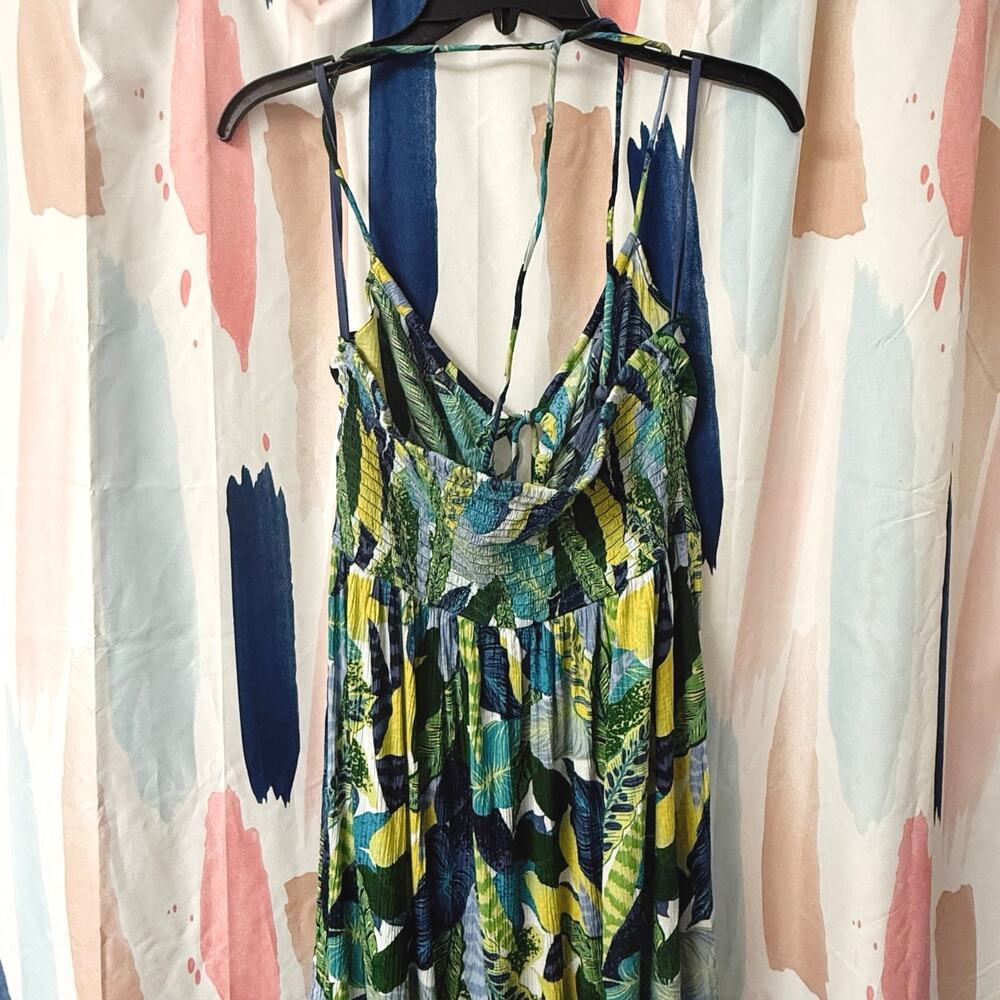 Aerie Paradise Palm Green Blue Halter Cutout Maxi Dress Size Large - Picture 10 of 14